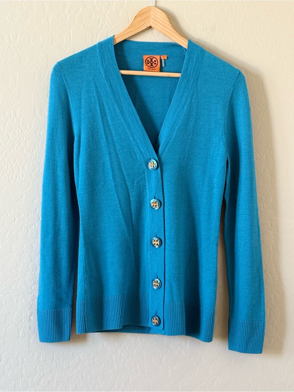 Tory Burch Simone 100% Merino Wool 5 Button Cardigan Turquoise - XS